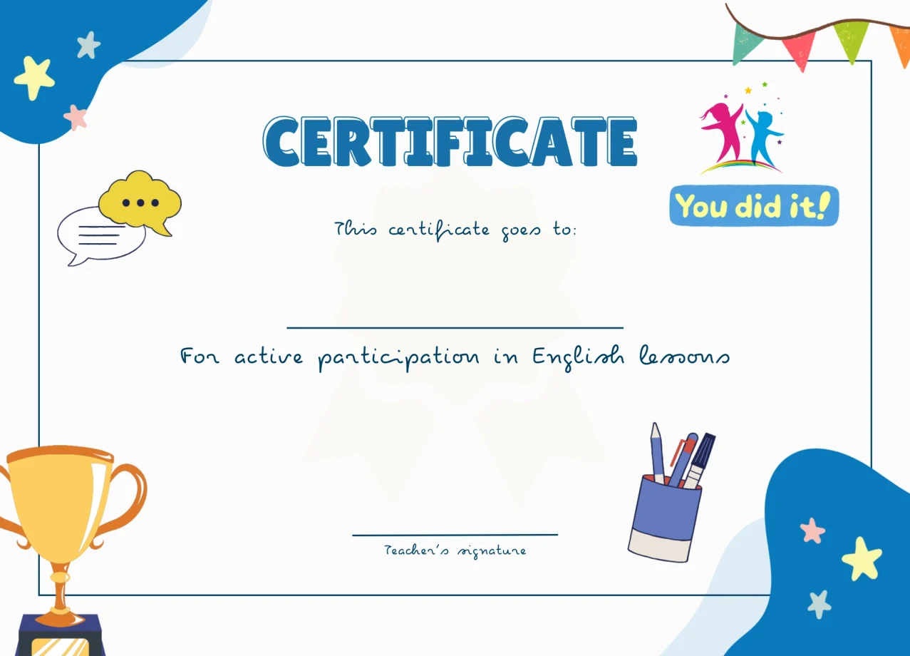Blue and Green Bold Participation Kids Certificate A4 Document